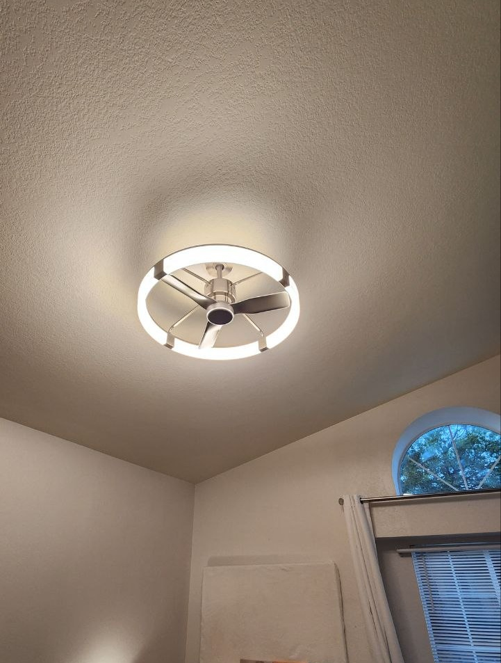 Chandelier hanging project. LED ceiling fan from Costco